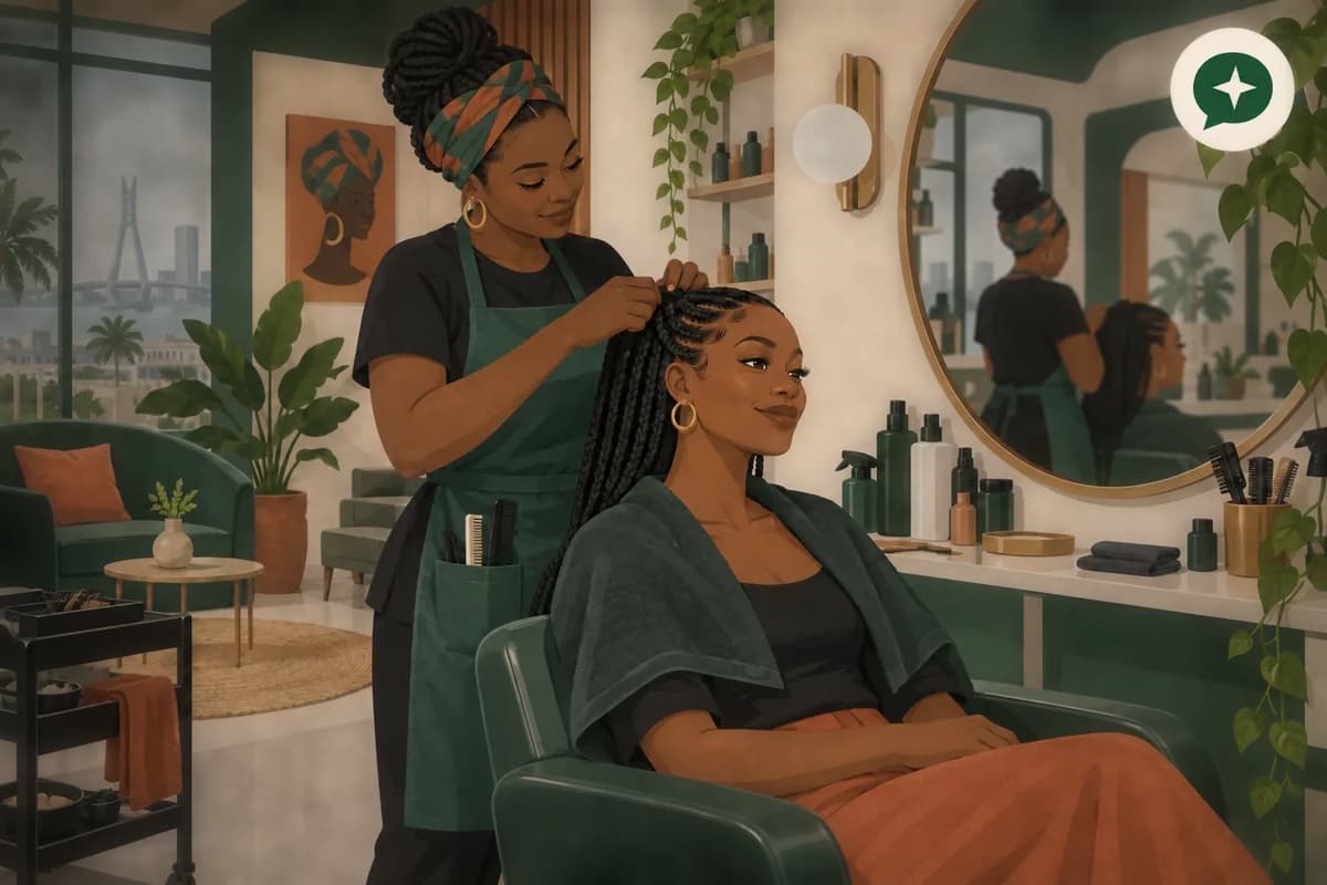 Illustration of a hairstylist braiding a customer's hair in a salon