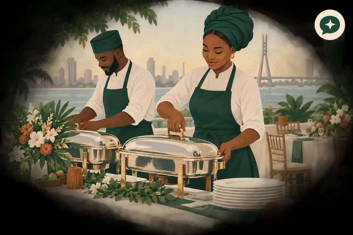 Illustration of caterers preparing a buffet for a Lagos event