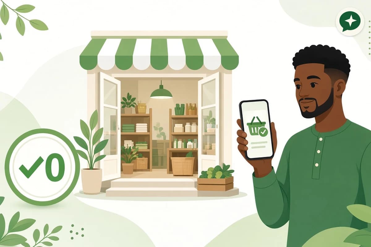 Illustration of a shop owner holding his phone outside his open shop