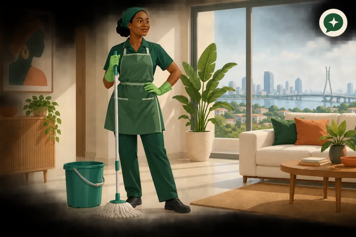 Illustration of a cleaning professional in a bright Lagos home
