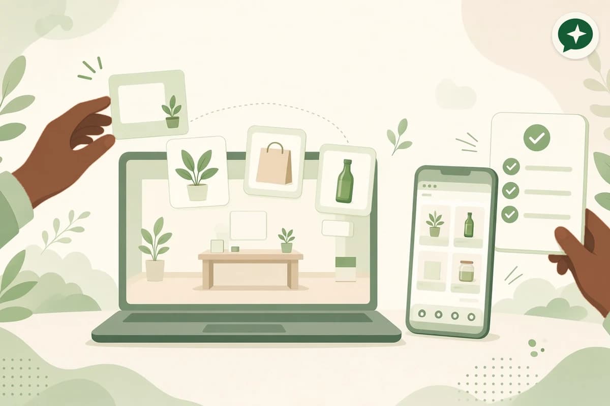 Illustration of hands placing products into an online shop on a laptop and a phone