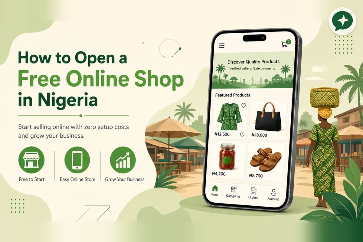 Illustration of a phone showing an online shop beside a Nigerian market
