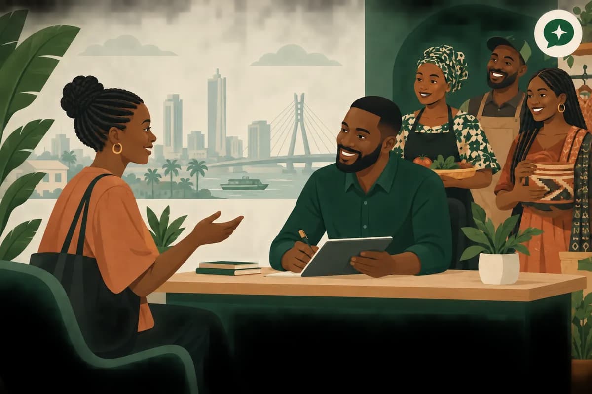 Illustration of a request desk connecting a Lagos customer with local businesses